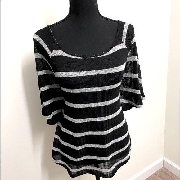 INC Black & Silver, Boatneck, Shimmery, Striped, Flowy, 3/4 Sleeve Shirt - Picture 7 of 15